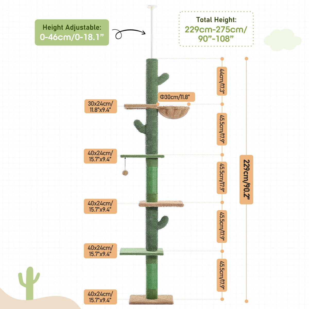 PAWZ Road Cat Tree 5Tier Floor To Ceiling Cactus Indoor