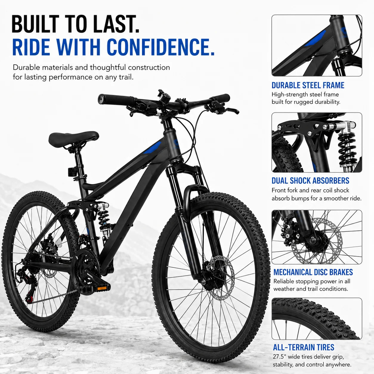 Unisex Full Suspension Mountain Bike 21-Speed Mechanical Disc Brakes