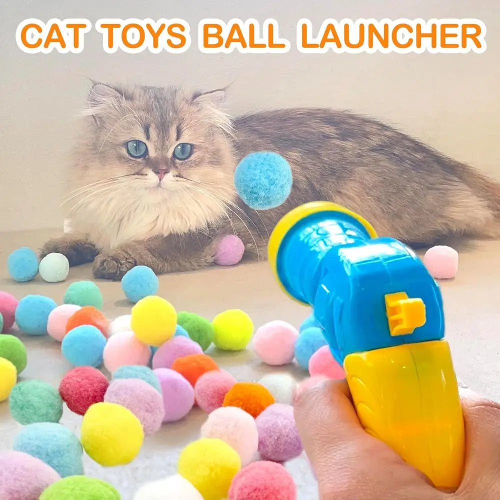 Cat Ball Launcher Toy Gun With Plush Balls Interactive Cat Toy