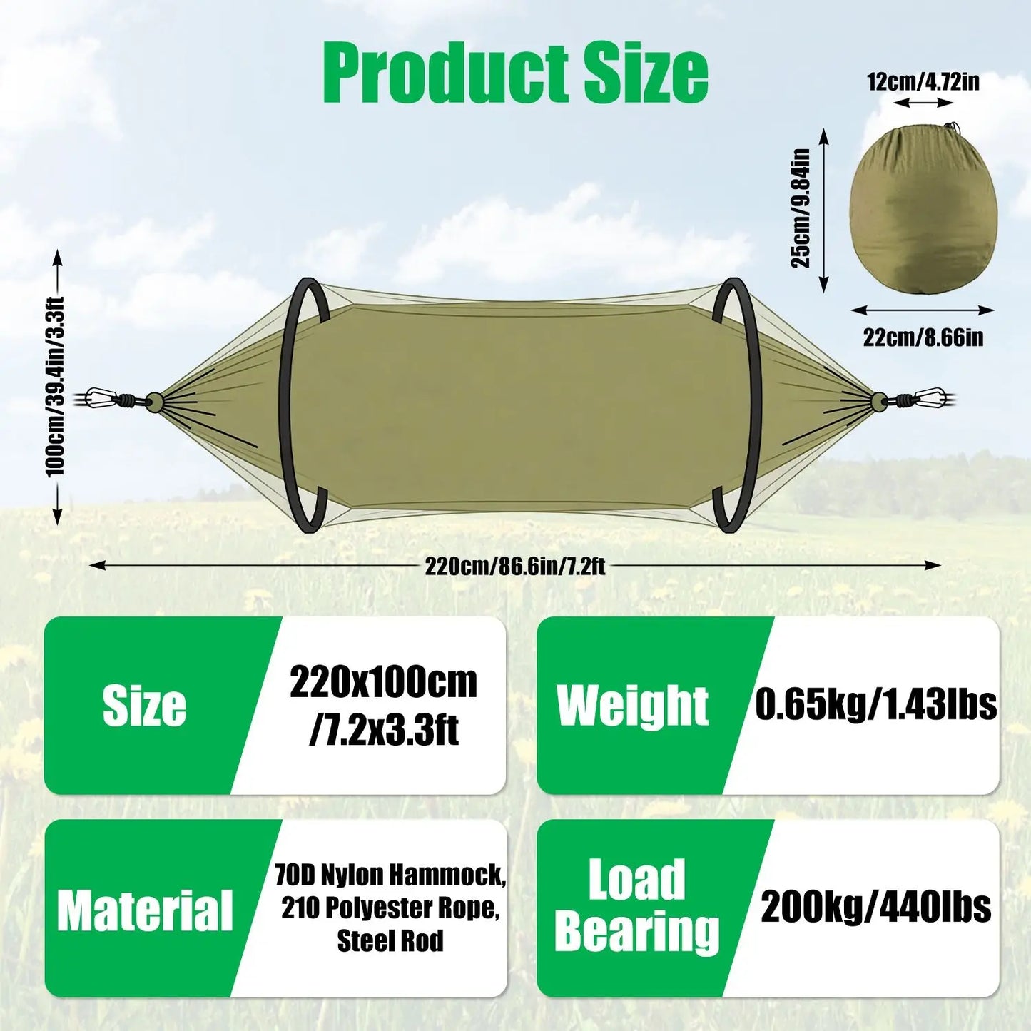 3 In 1 Camping Hammock With Automatic Pop Up Mosquito Net Nylon