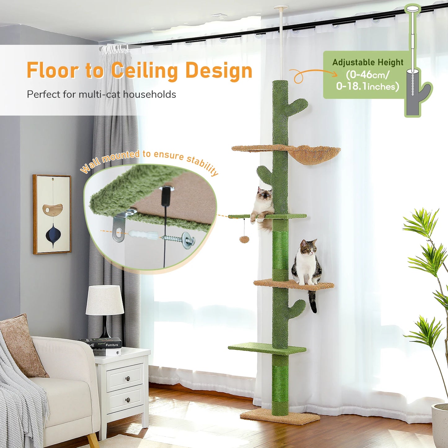 PAWZ Road Cat Tree 5-Tier Floor-To-Ceiling Tower With Scratching Post