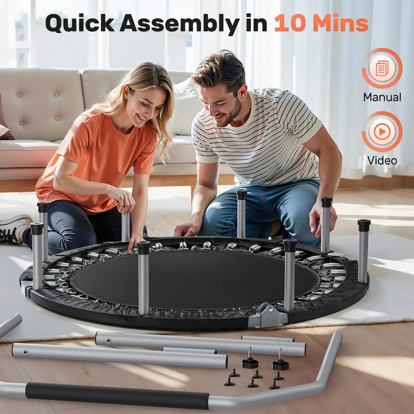 Foldable Mini Trampoline With Adjustable Foam Handle Max Load 440 Lbs For Adults