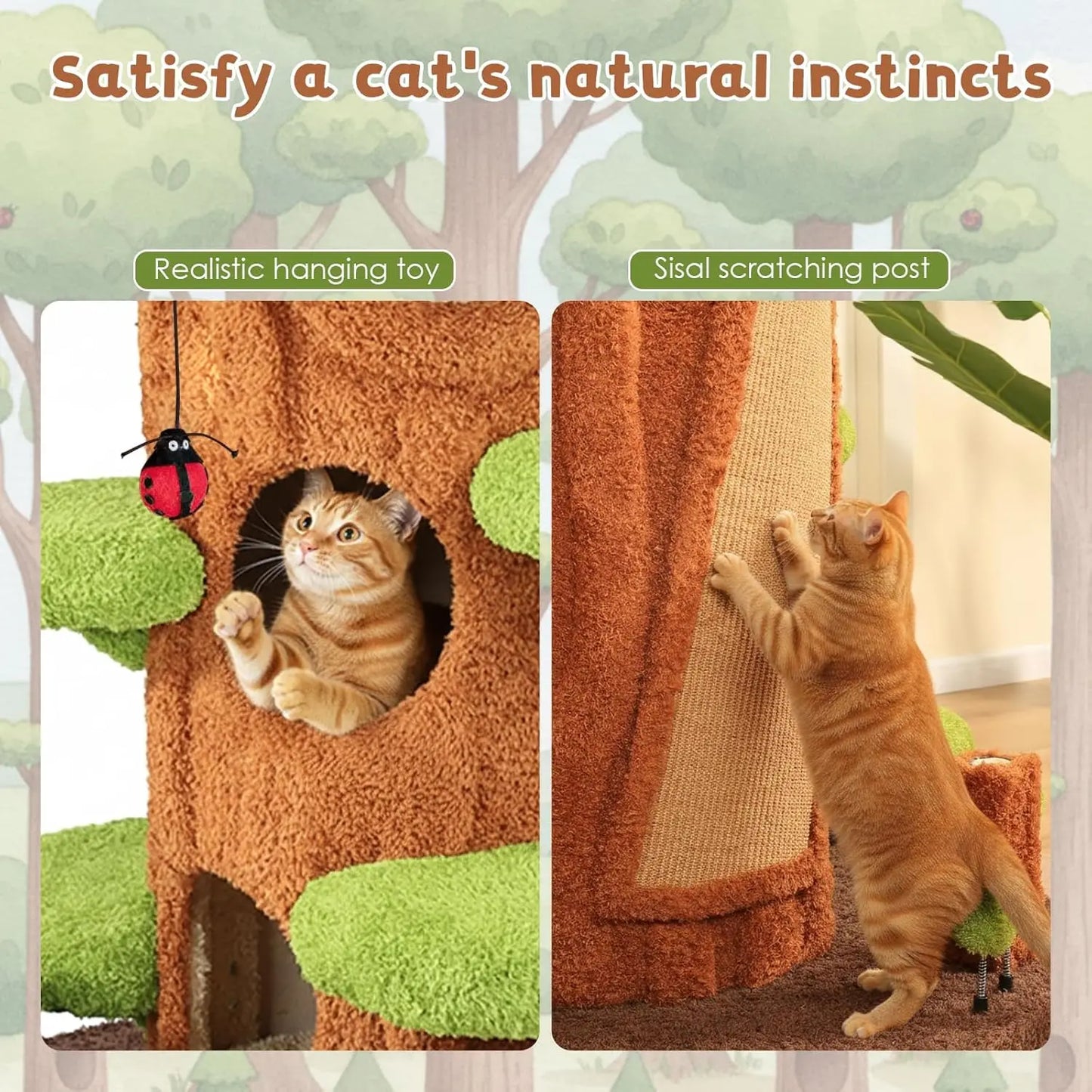 Solid Wood Cat Tree Tower With Sisal Scratching Posts And Perches