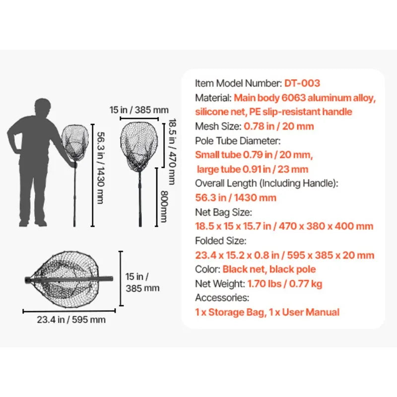 Foldable Landing Net With Telescopic Aluminum Handle And Silicone Net