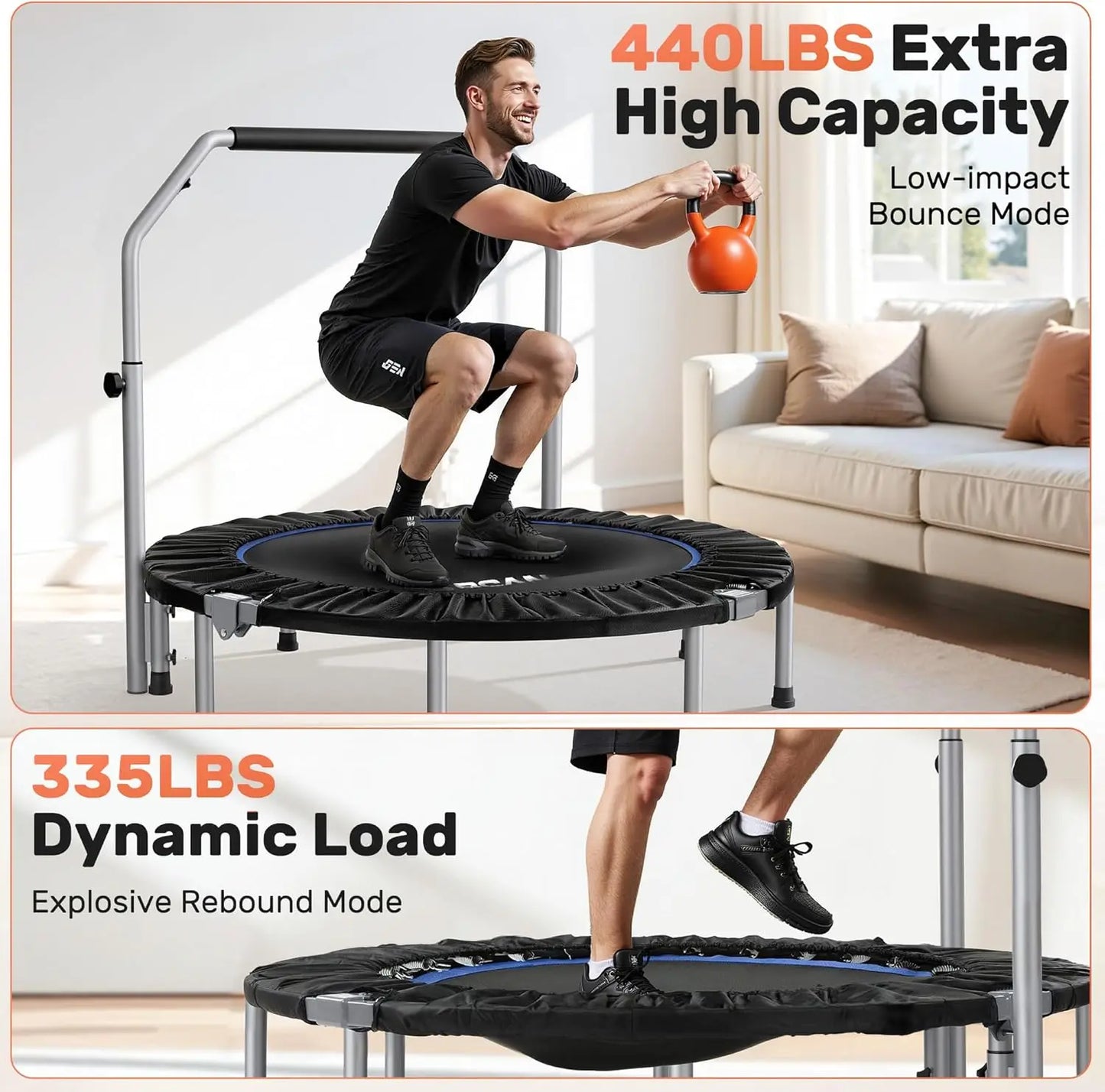 Foldable Mini Trampoline With Adjustable Foam Handle Max Load 440 Lbs For Adults