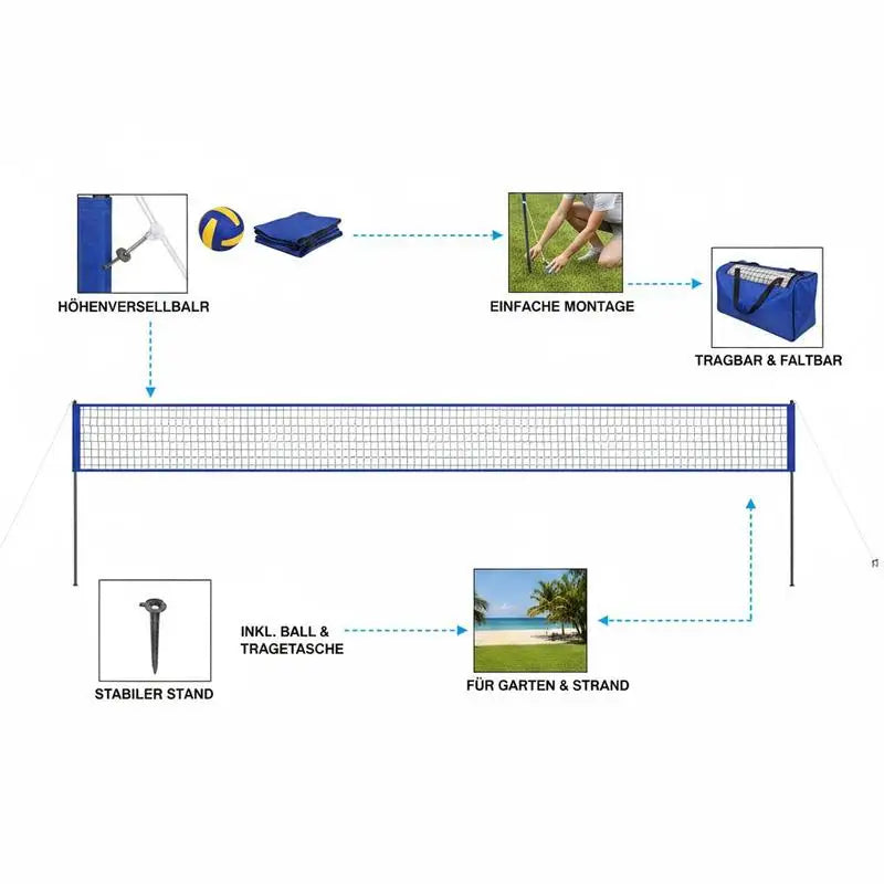 Outdoor Portable Volleyball Net System With Adjustable Poles And Pump
