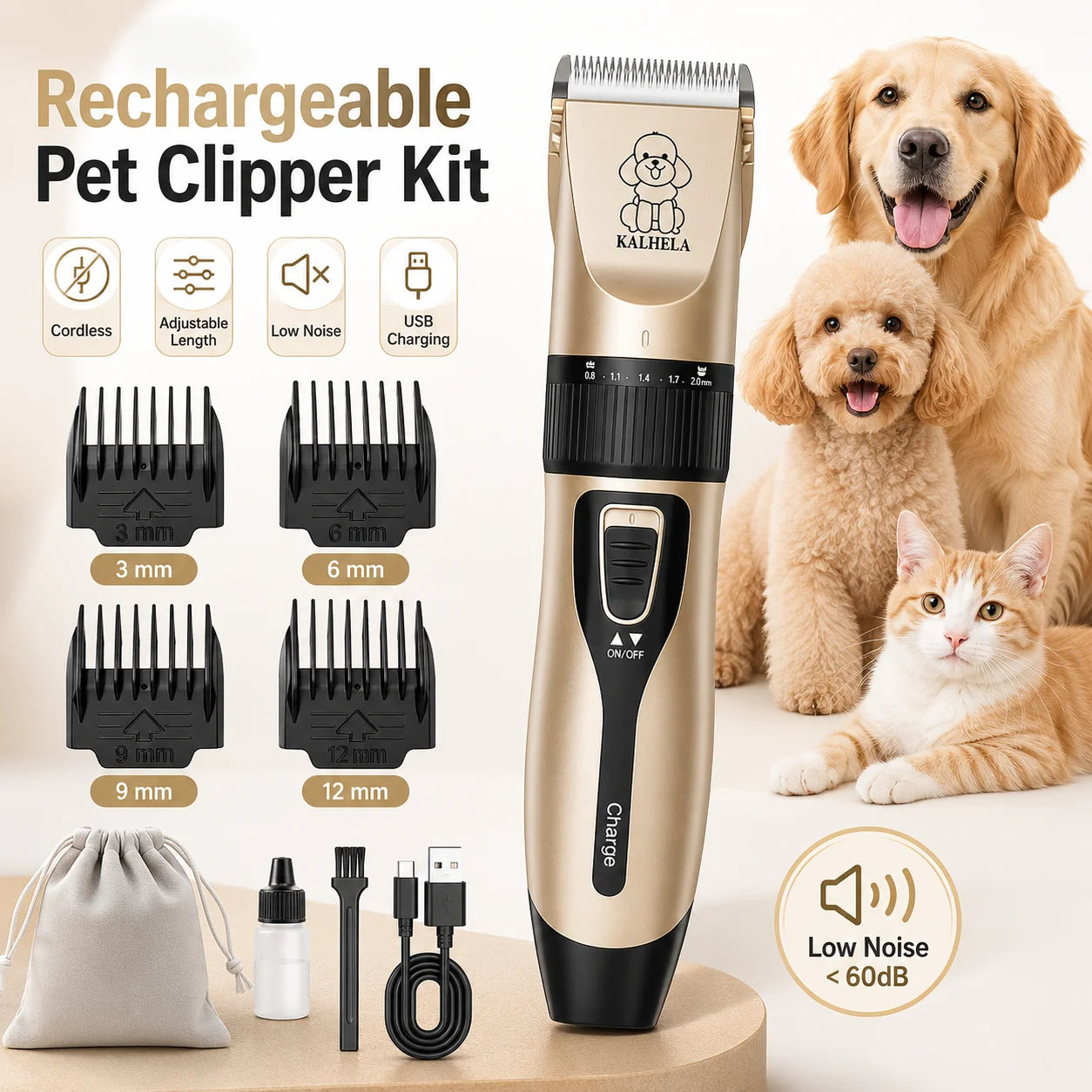 Rechargeable Professional Pet Grooming Clipper Kit With Ceramic Blade