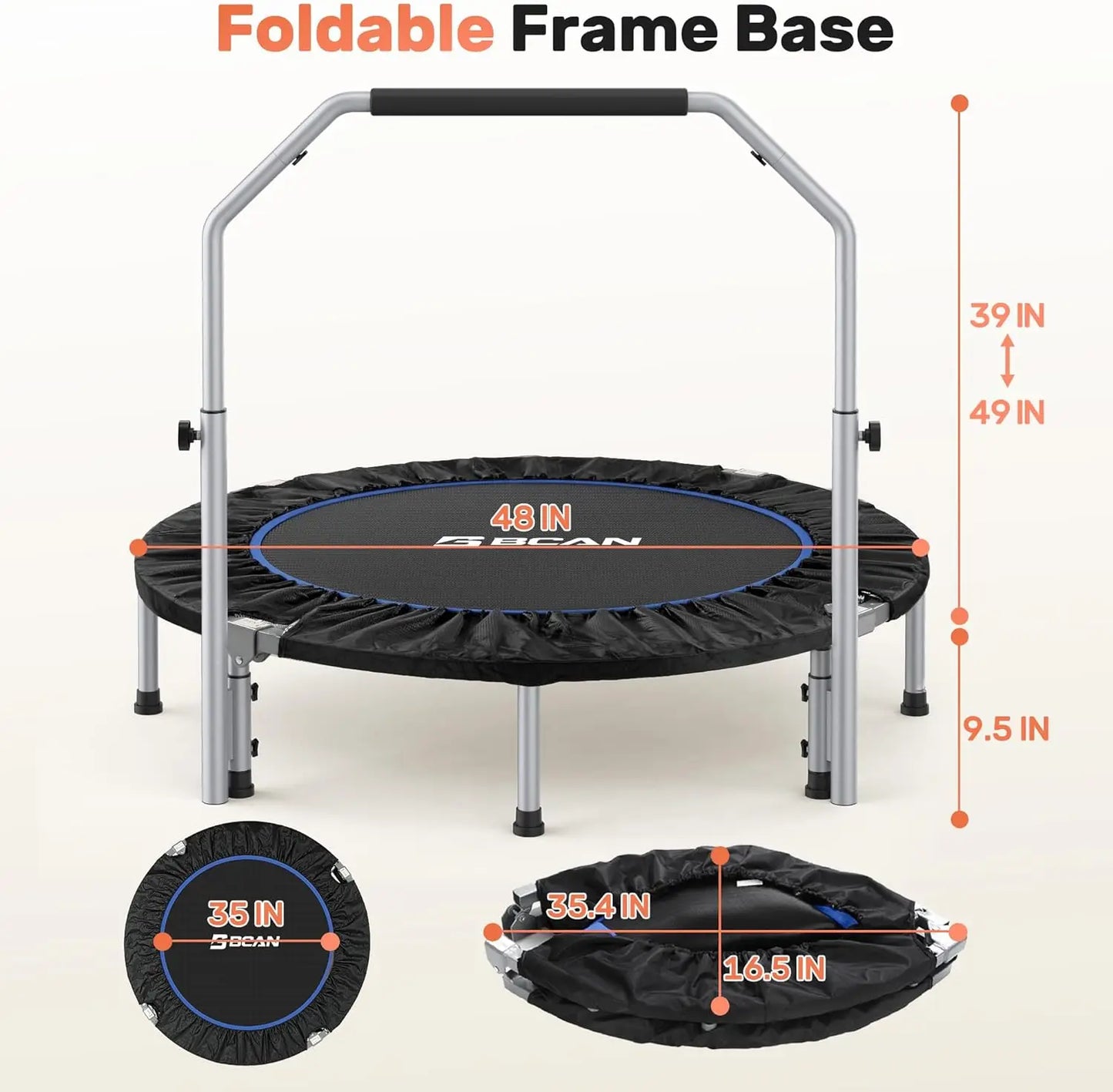 Foldable Mini Trampoline With Adjustable Foam Handle Max Load 440 Lbs For Adults
