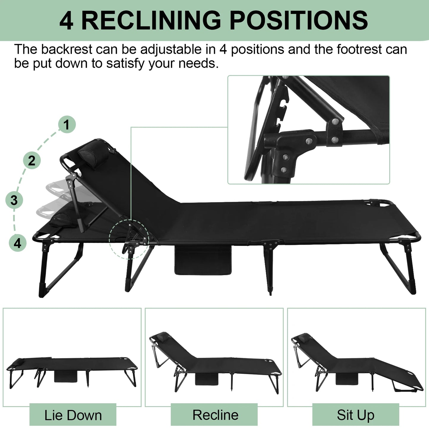 Portable Folding Camping Cot With 3-Position Reclining Lounge Chair