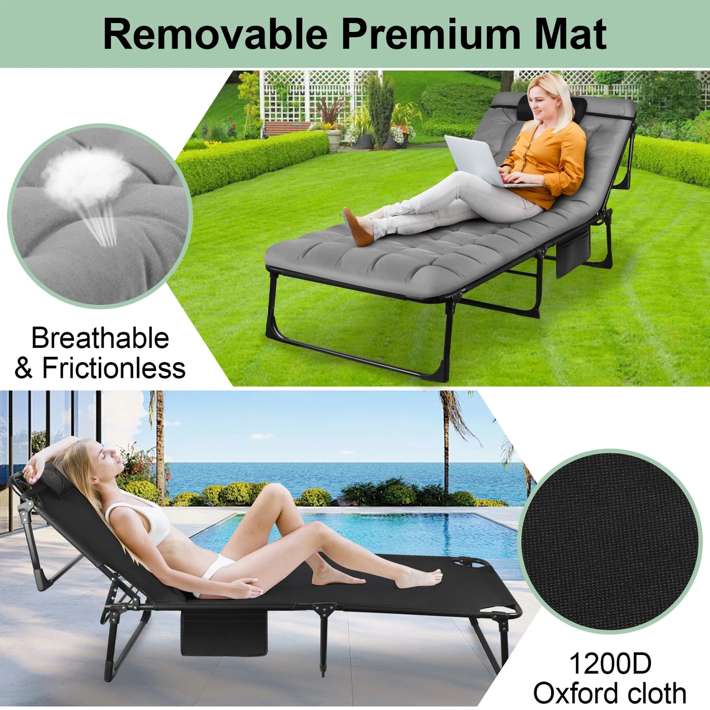 Portable Folding Camping Cot With 3-Position Reclining Lounge Chair