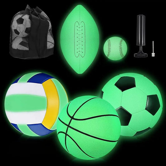 Glow-In-The-Dark Sports Ball Set Five Light-Up Balls With Pump