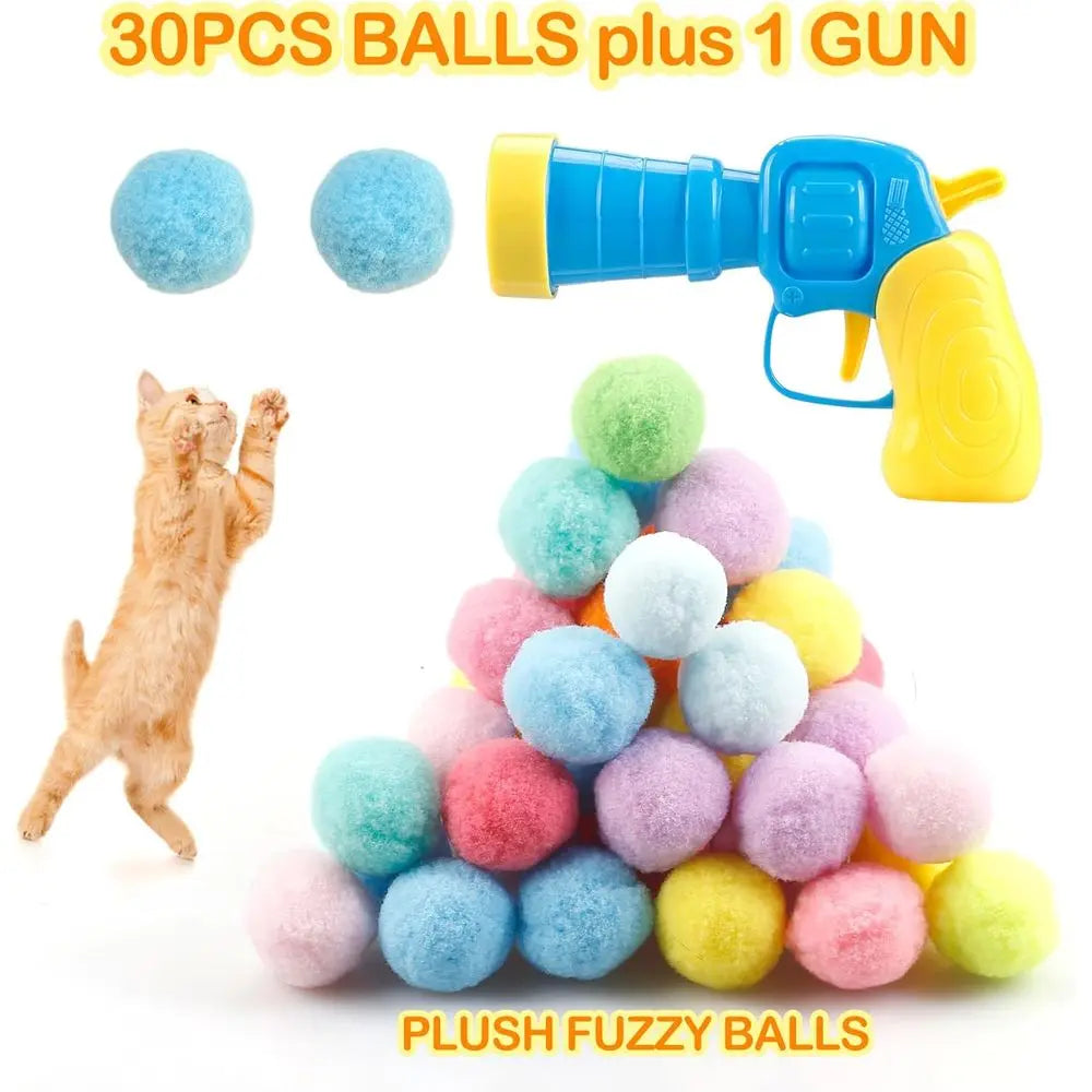 Cat Ball Launcher Toy Gun With Plush Balls Interactive Cat Toy