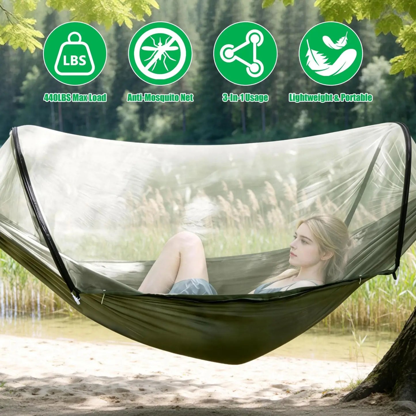 3 In 1 Camping Hammock With Automatic Pop Up Mosquito Net Nylon