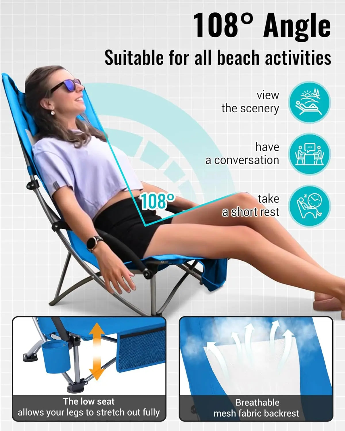High Back Folding Camping Chair for Adults with Mesh Seat and 300lb Capacity