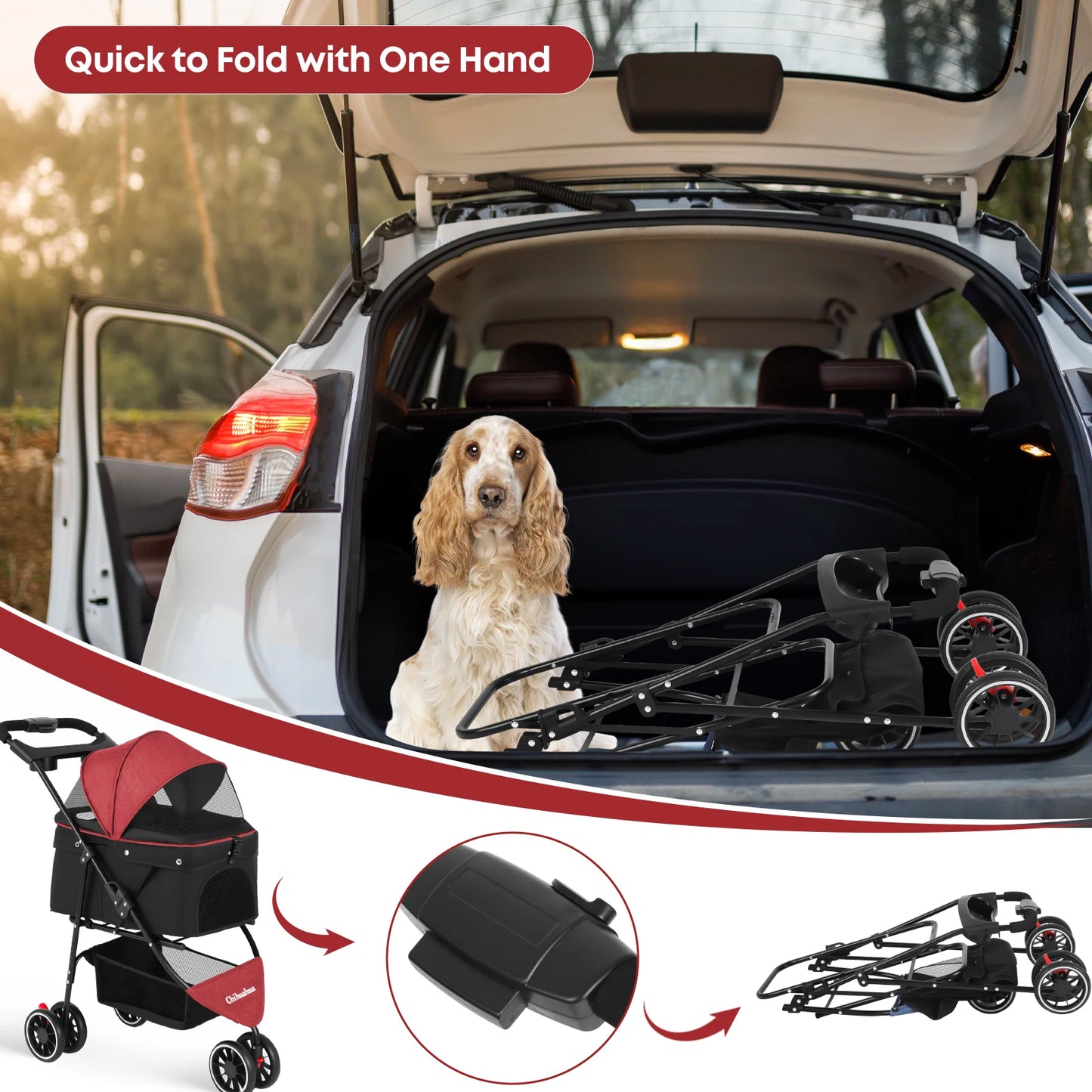 Chihuahua Pet Stroller for Cats and Dogs Foldable 3 Wheels