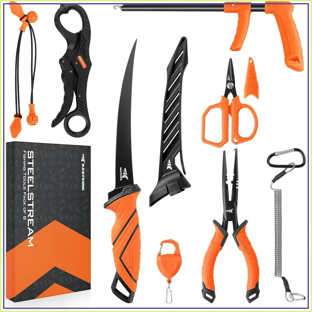 8 Piece Fishing Kit Pliers Knife Scissors Lip Gripper Retractor