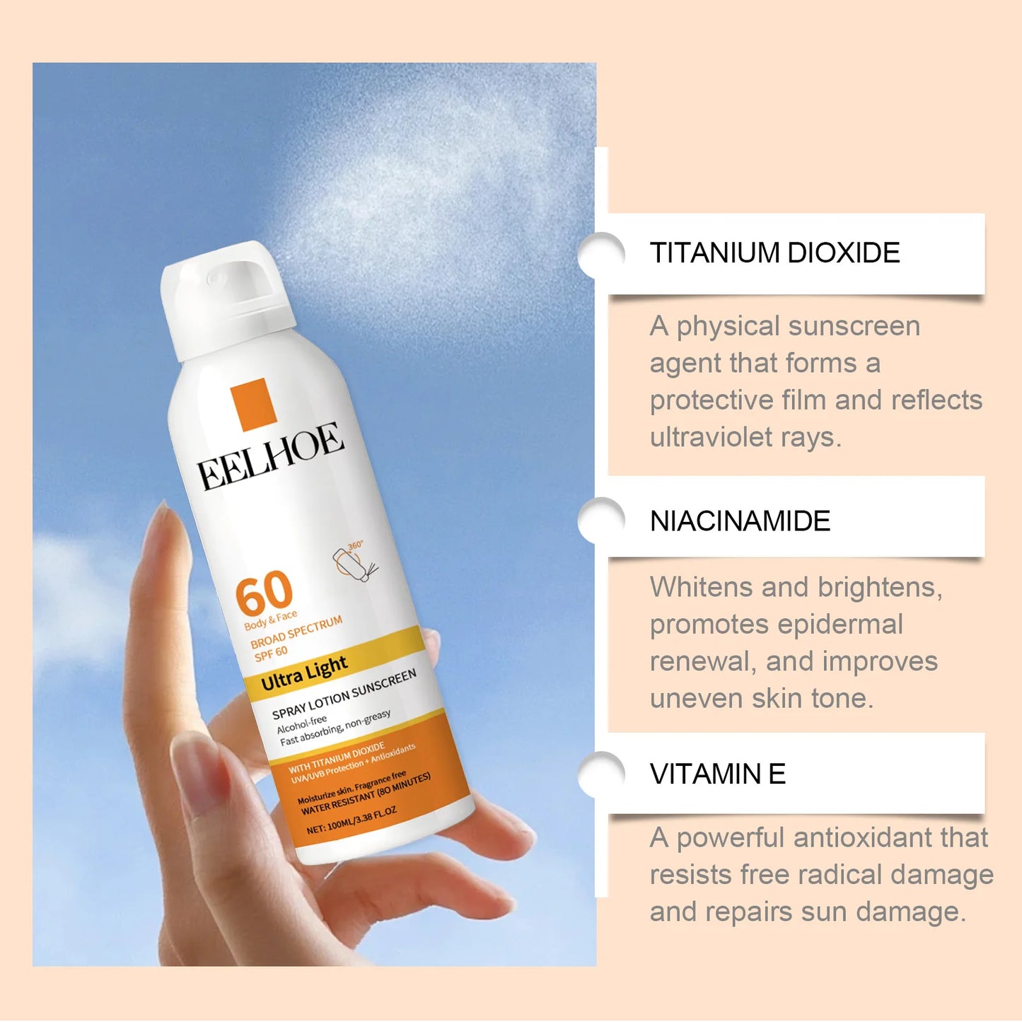 Eelhoe Vitamin E Sunscreen Spray Long Lasting Moisturizing UV Shield
