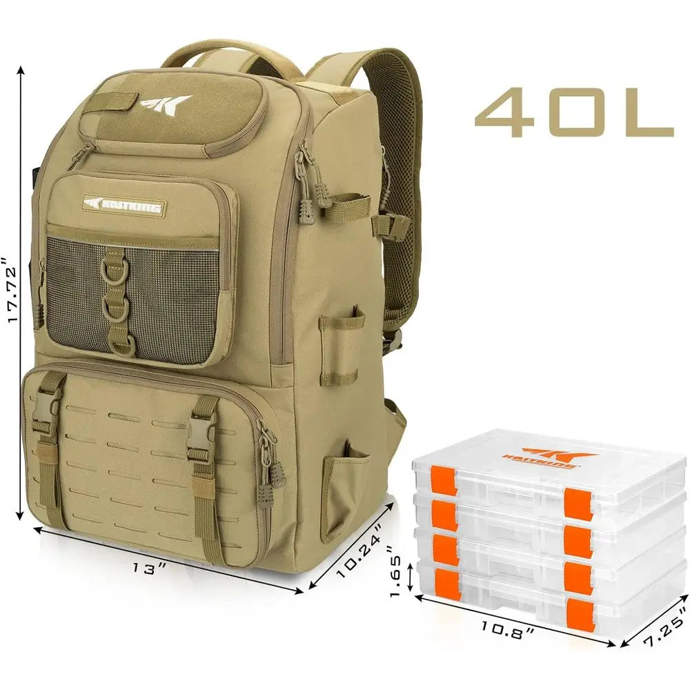 Tackle Backpack With Rod Holder And Four Tackle Boxes 40 And 26L Storage