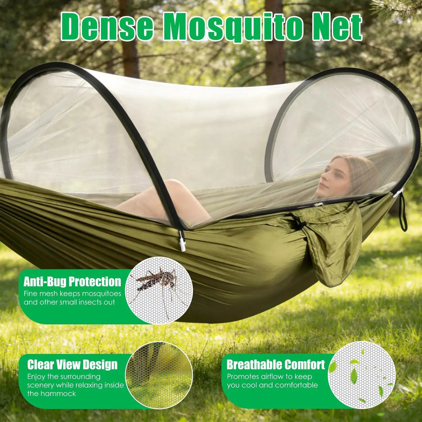 ThreeInOne Camping Hammock With Automatic Pop Up Mosquito Net Nylon