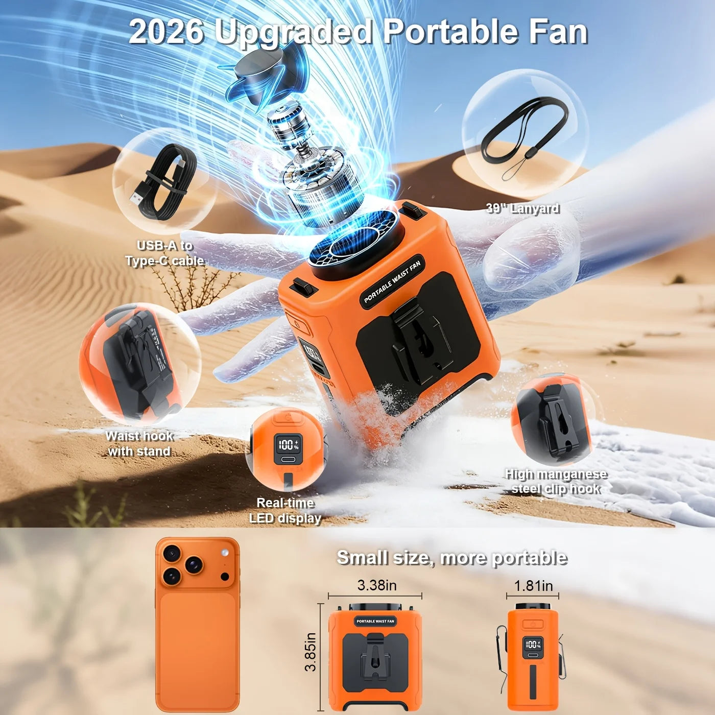 Portable Waist USB Rechargeable Neck Clip Fan With LED Light