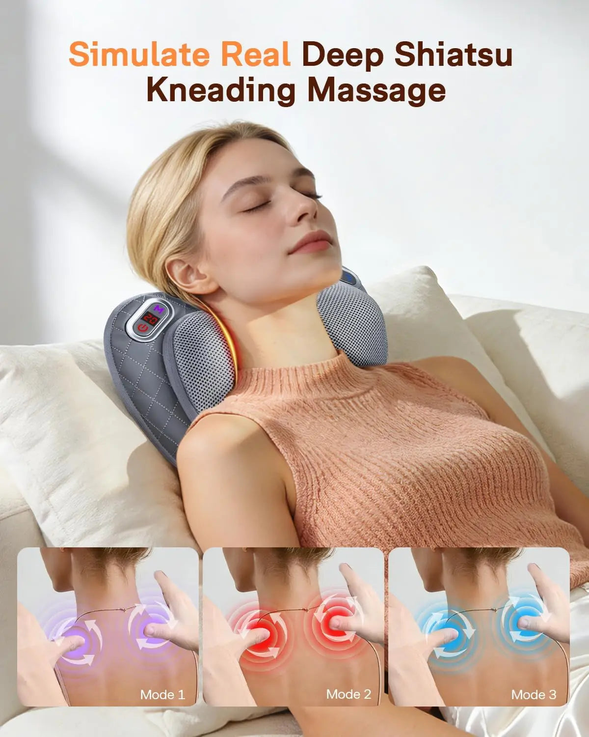 Cordless Rechargeable Neck And Back Massager With Heat Shiatsu Pillow