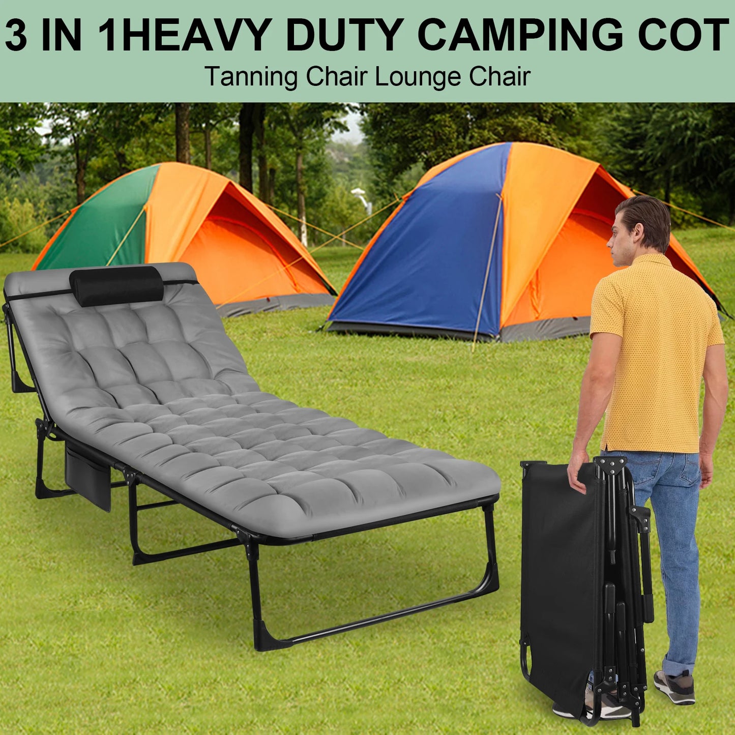 Portable Folding Camping Cot With 3-Position Reclining Lounge Chair