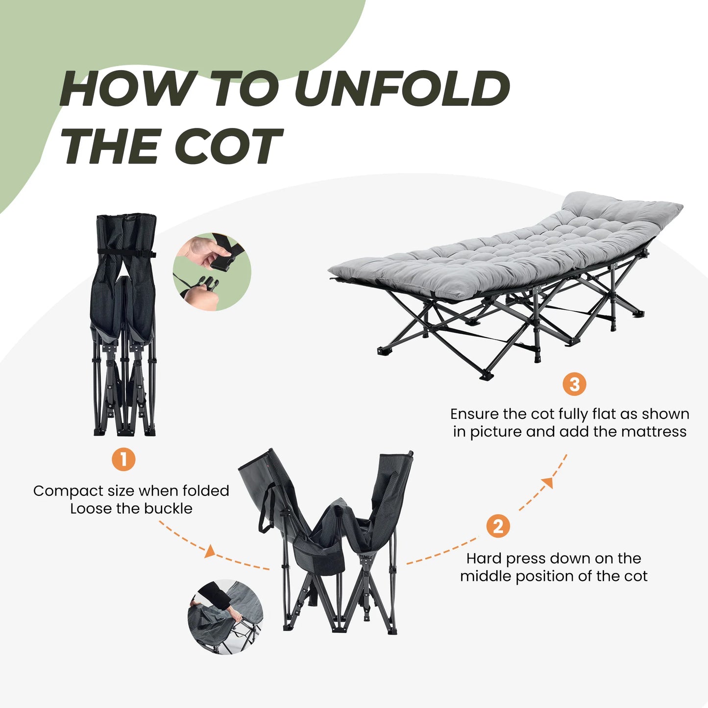 JHK Folding Camping Cot Lounger With Sturdy Carbon Steel Frame