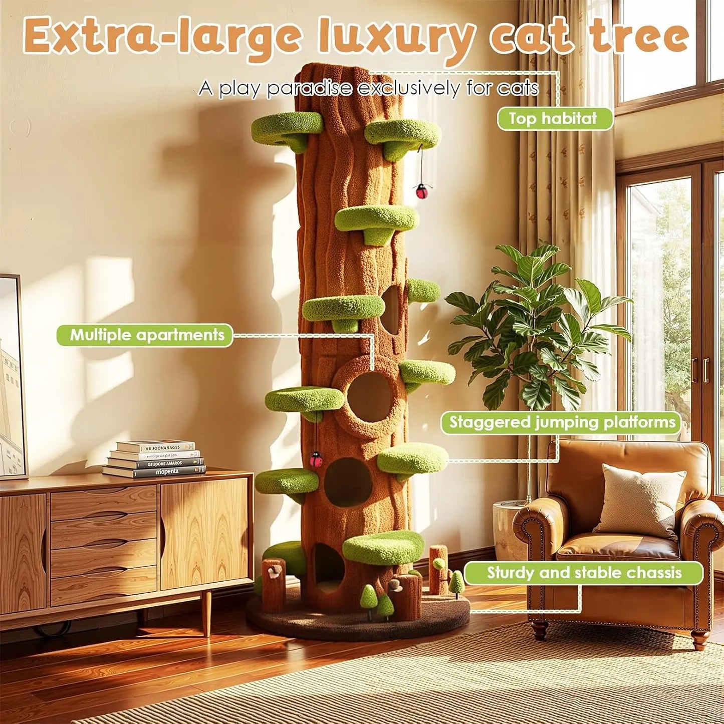 Solid Wood Cat Tree Tower With Sisal Scratching Posts And Perches