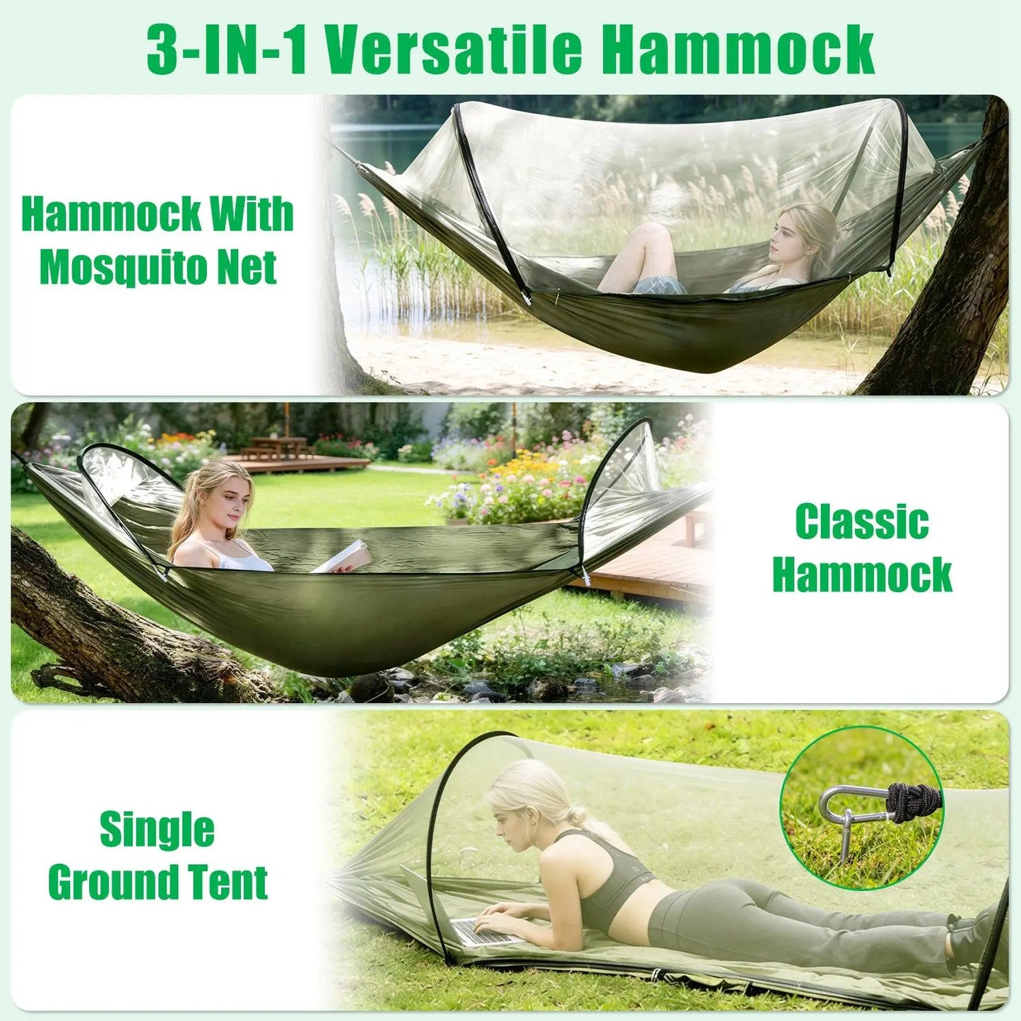 ThreeInOne Camping Hammock With Automatic Pop Up Mosquito Net Nylon