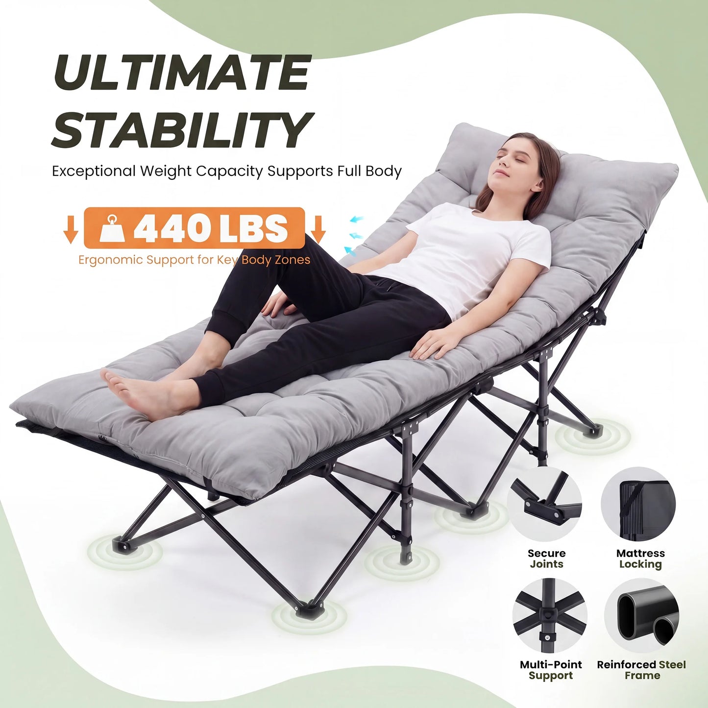 JHK Folding Camping Cot Lounger With Sturdy Carbon Steel Frame