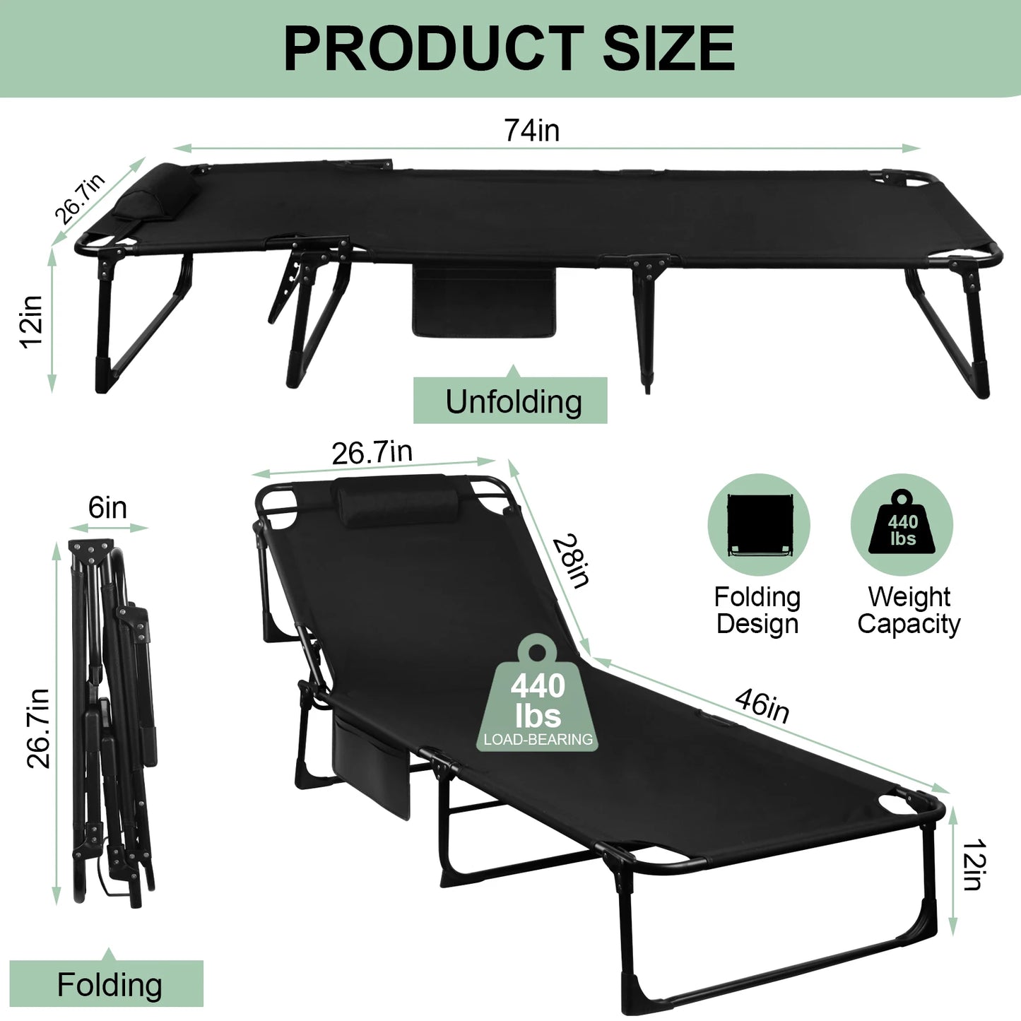 Portable Folding Camping Cot With 3-Position Reclining Lounge Chair