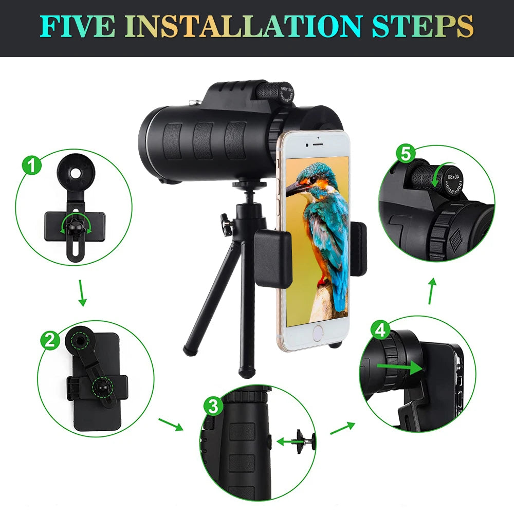 High Power Monocular Telescope With Night Vision Phone Holder And Tripod