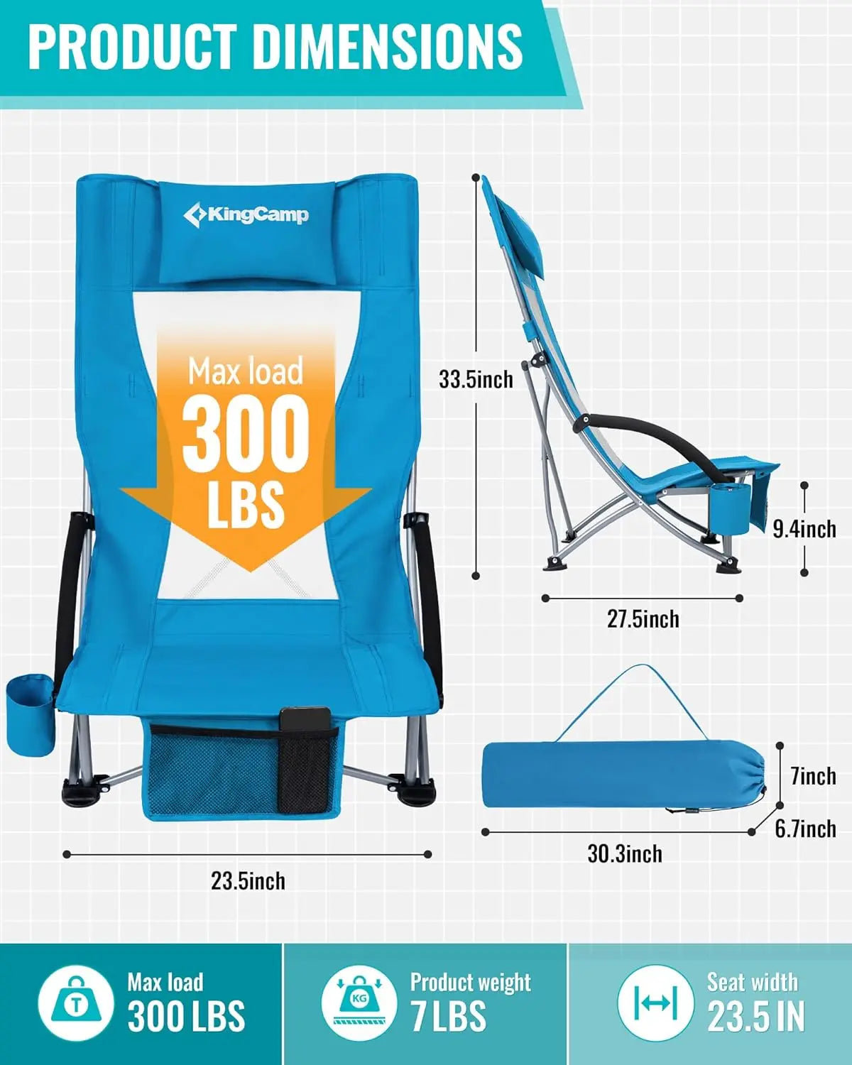 High Back Folding Camping Chair for Adults with Mesh Seat and 300lb Capacity
