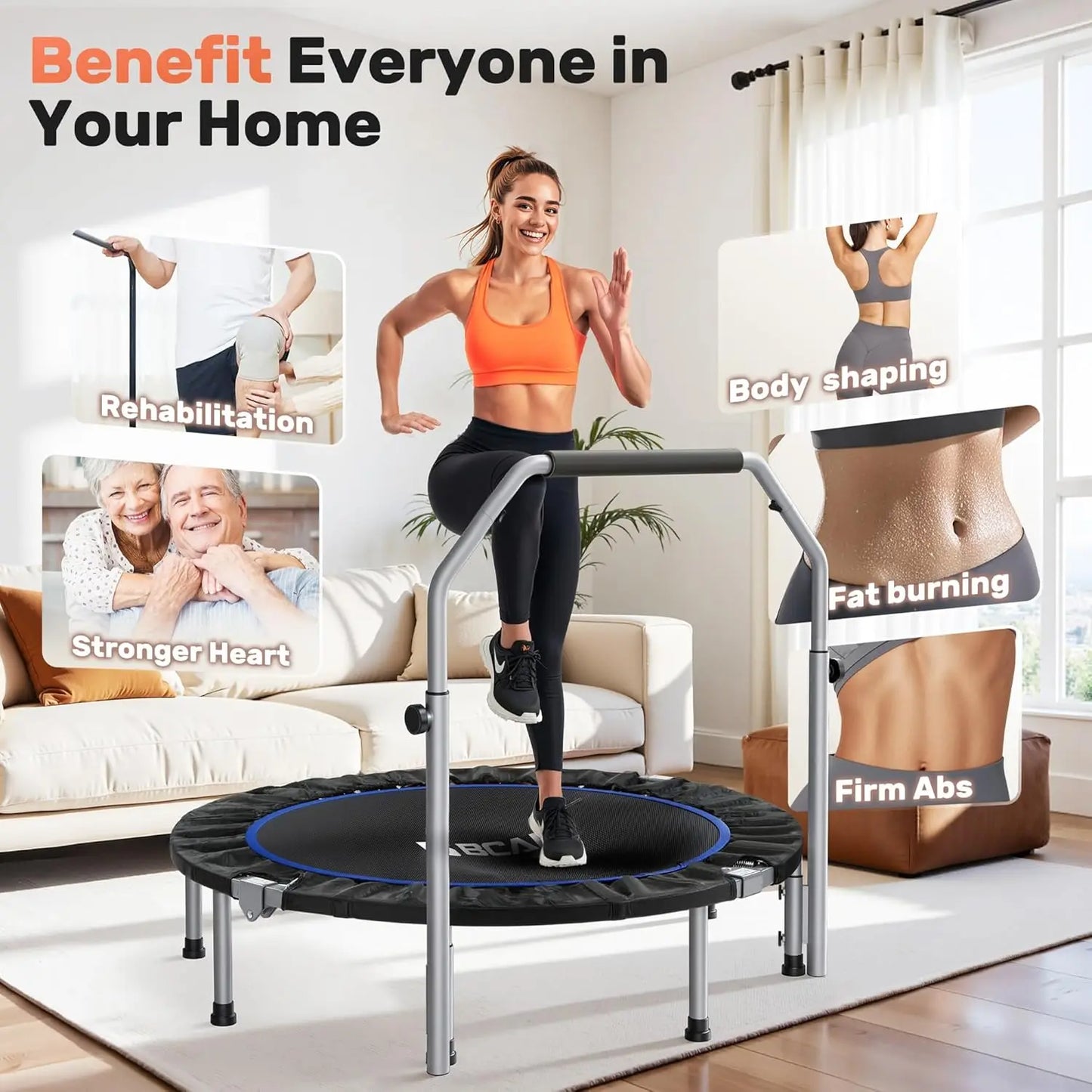 Foldable Mini Trampoline With Adjustable Foam Handle Max Load 440 Lbs For Adults