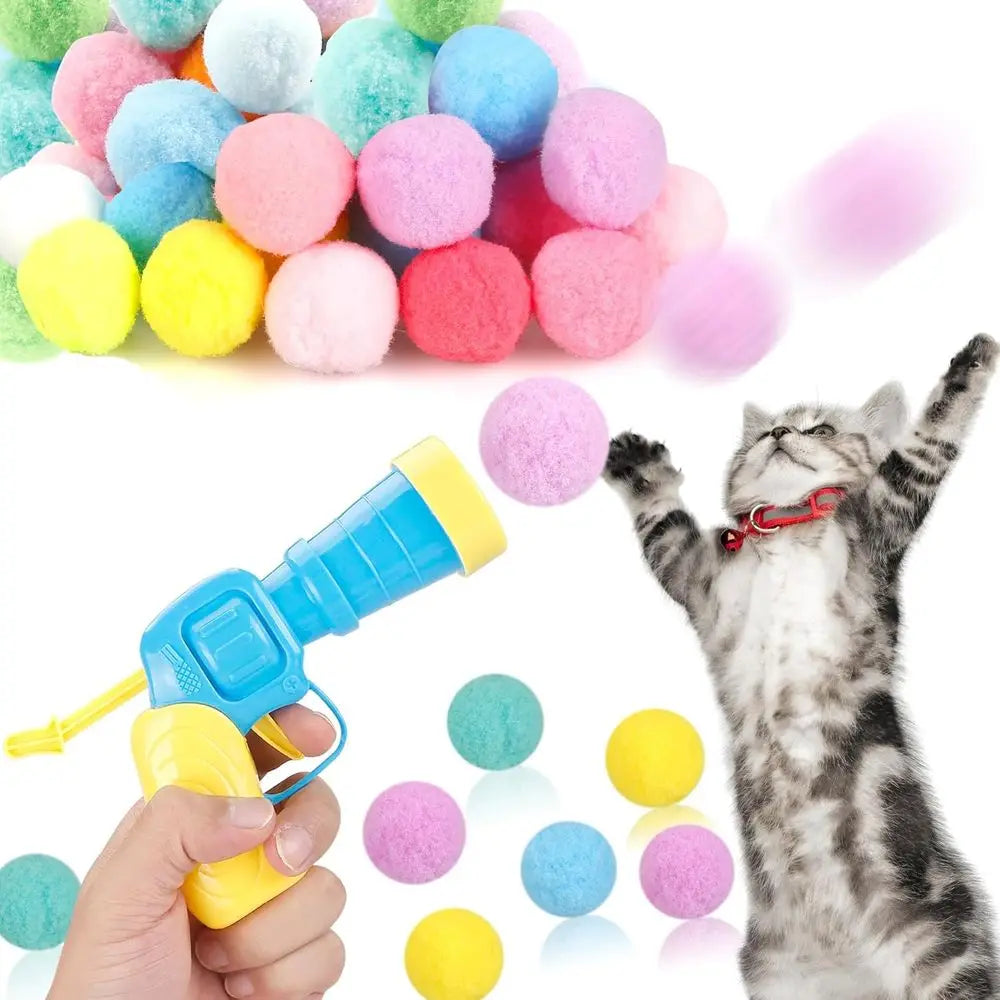 Cat Ball Launcher Toy Gun With Plush Balls Interactive Cat Toy