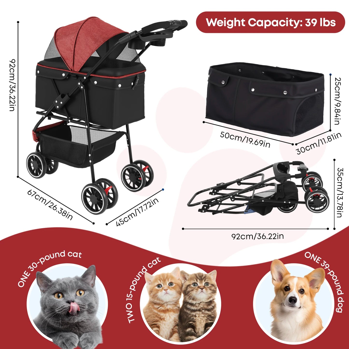 Chihuahua Pet Stroller for Cats and Dogs Foldable 3 Wheels