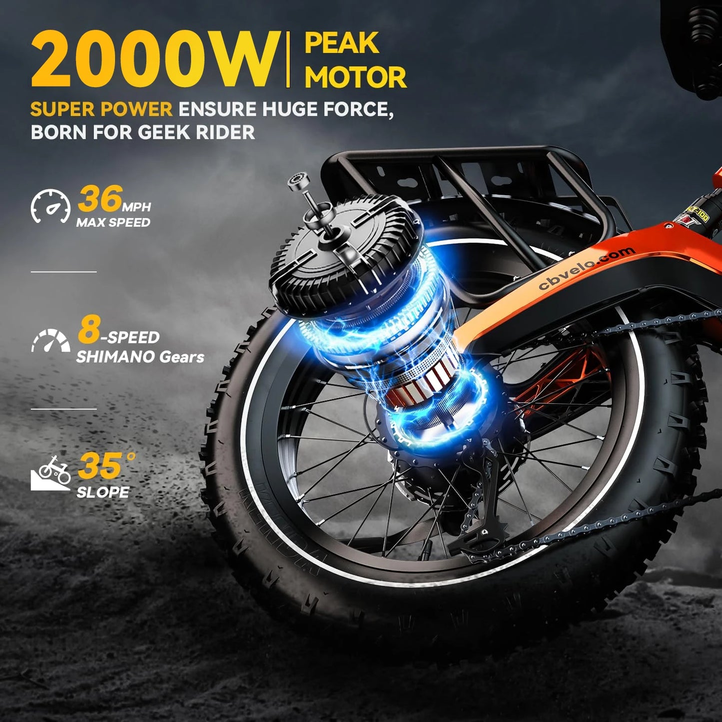 CYBERVELO Fat Tire Foldable Ebike 2000W Peak Motor 48V