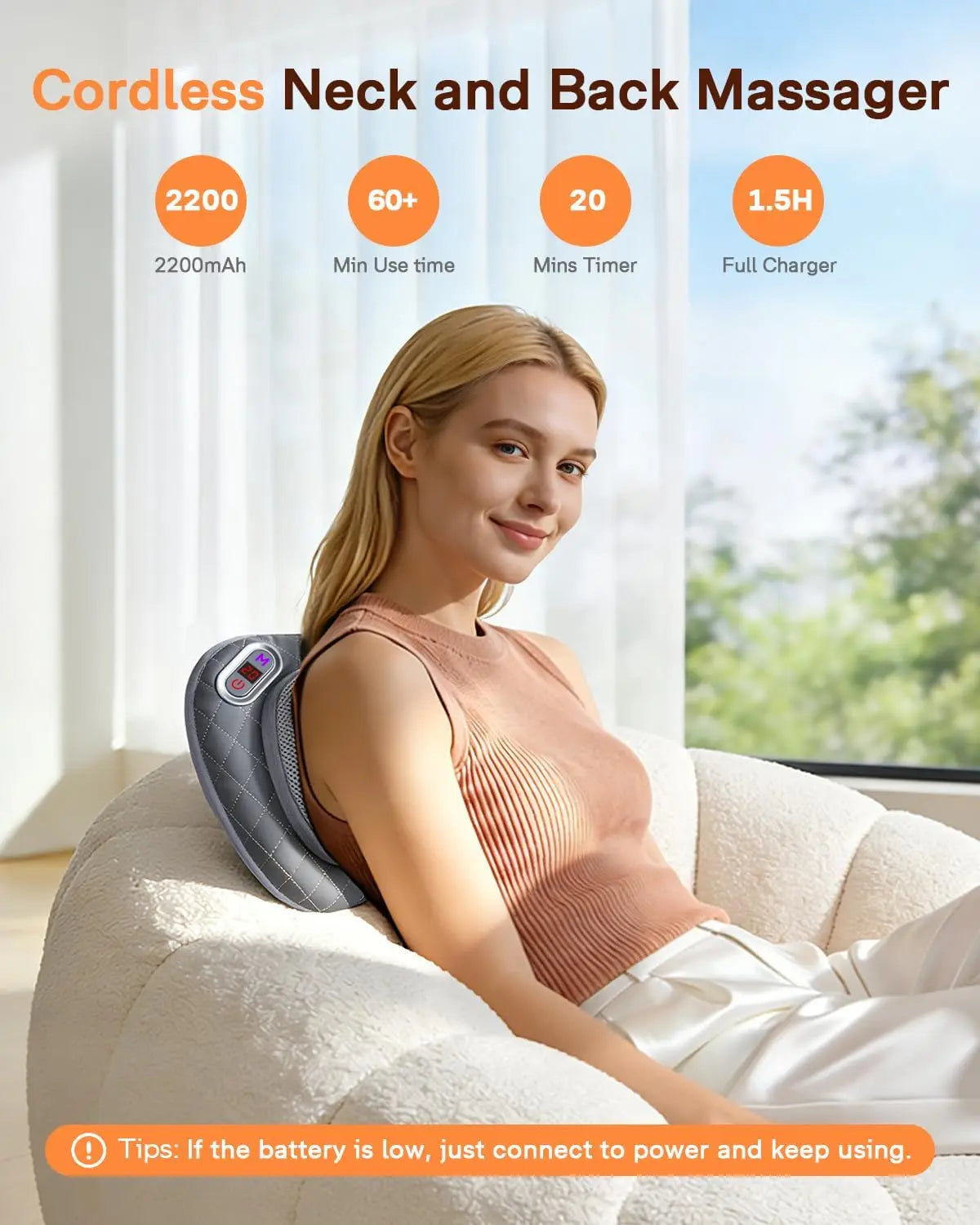 Cordless Rechargeable Neck And Back Massager With Heat Shiatsu Pillow