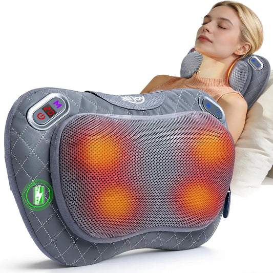 Cordless Rechargeable Neck And Back Massager With Heat Shiatsu Pillow