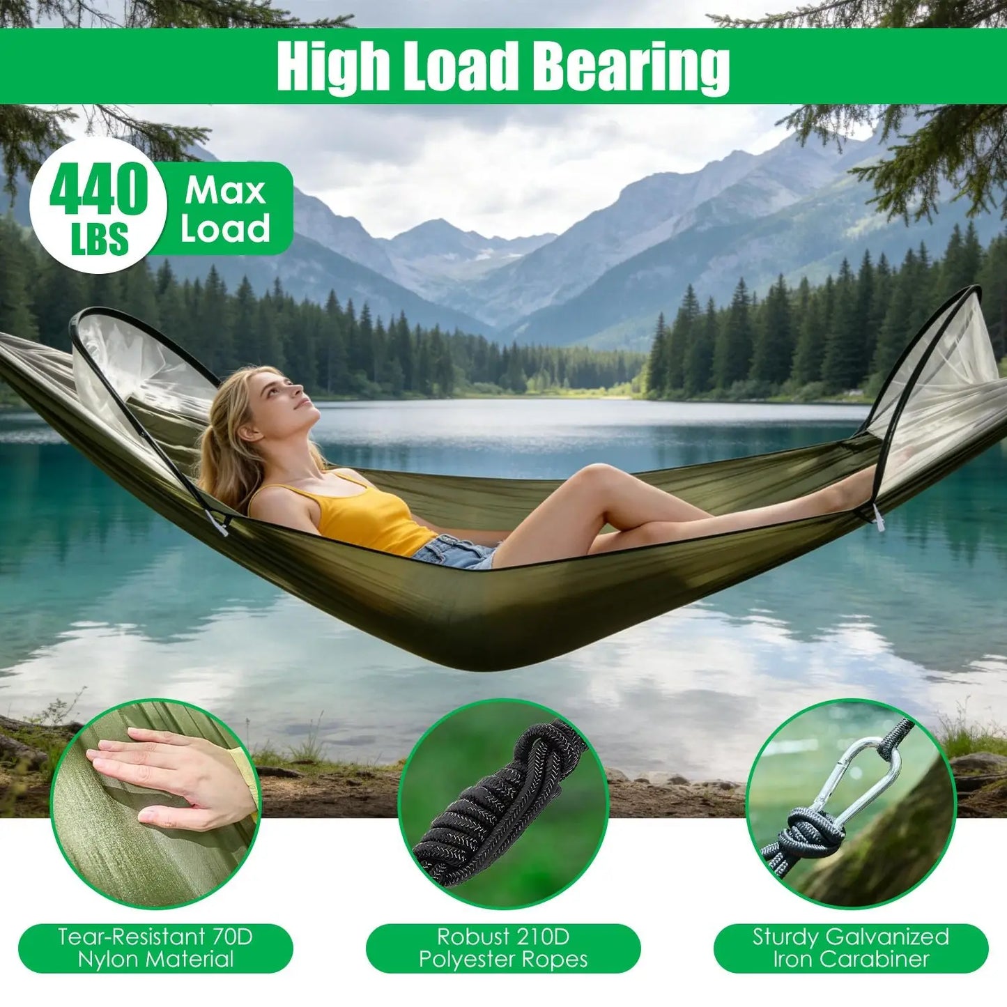 ThreeInOne Camping Hammock With Automatic Pop Up Mosquito Net Nylon