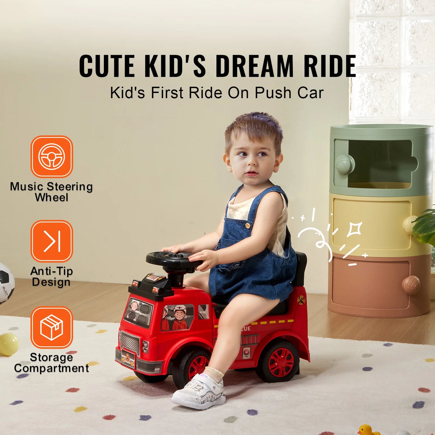 SucceBuy Ride On Push Car For Kids With Music Steering