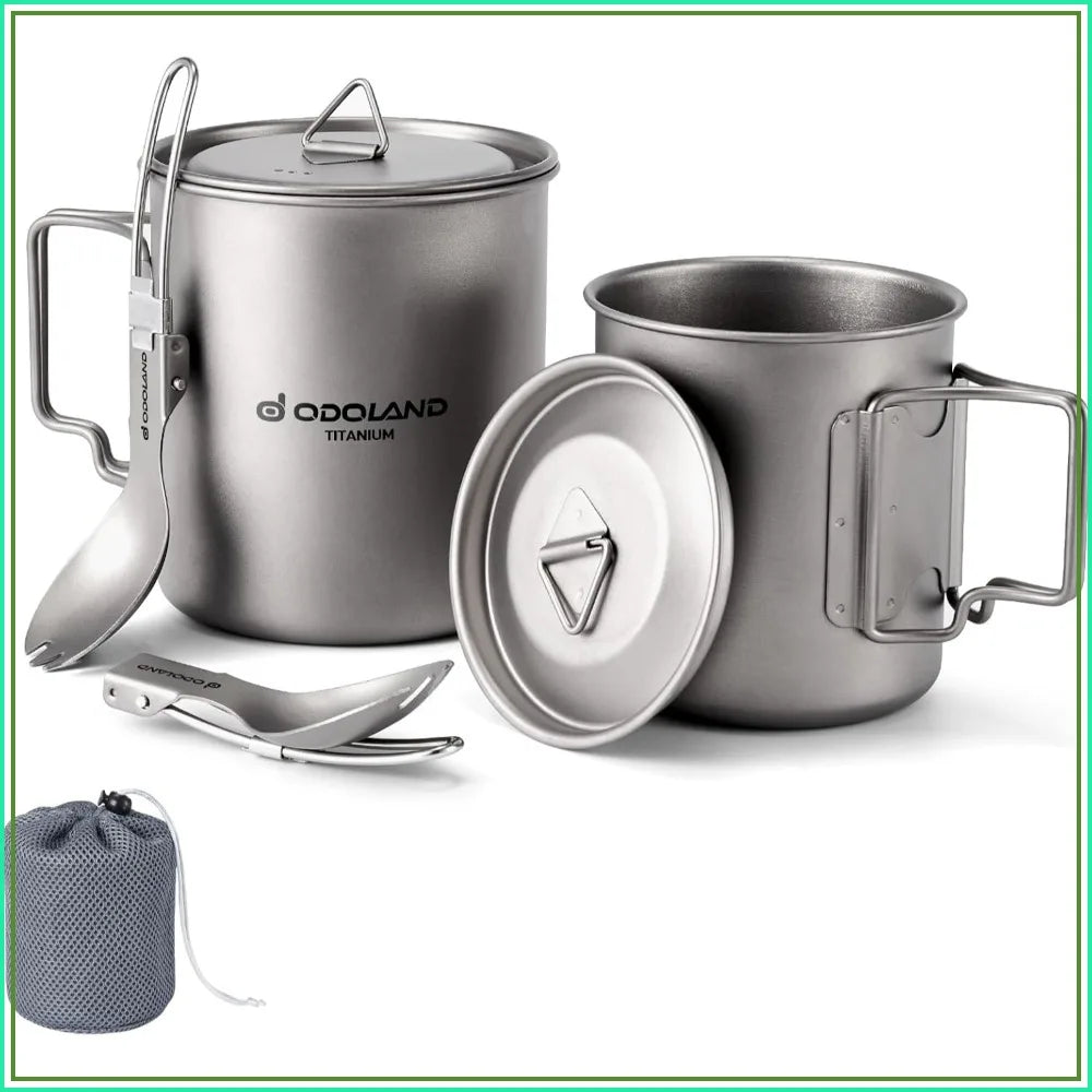 Titanium Camping Cookware Set 4 Piece With Spork For Outdoors